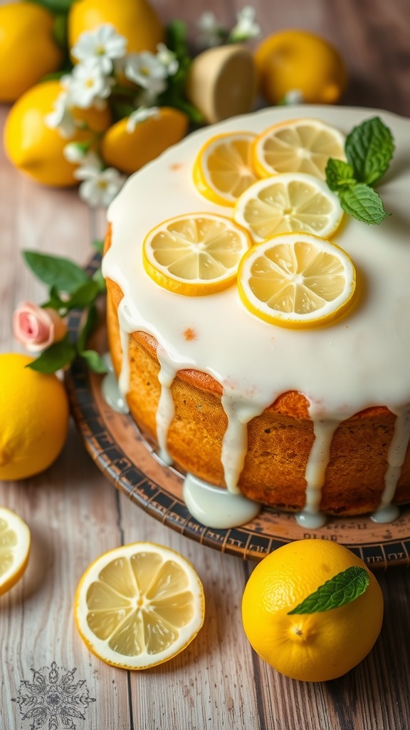 Vegan lemon cake topped with glaze and lemon slices, displayed with lemons and mint on a wooden table.